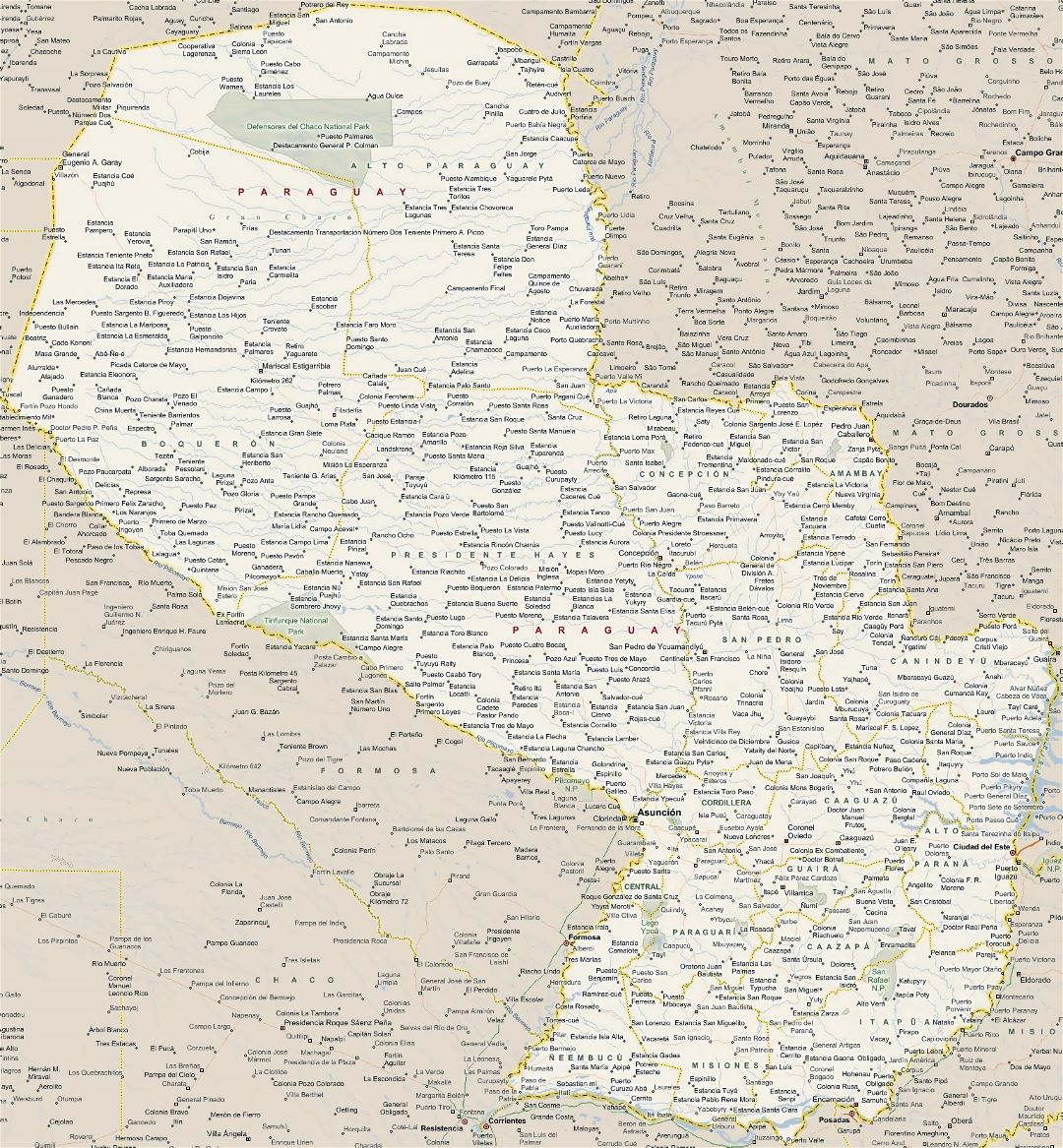 Large map of Paraguay with all cities