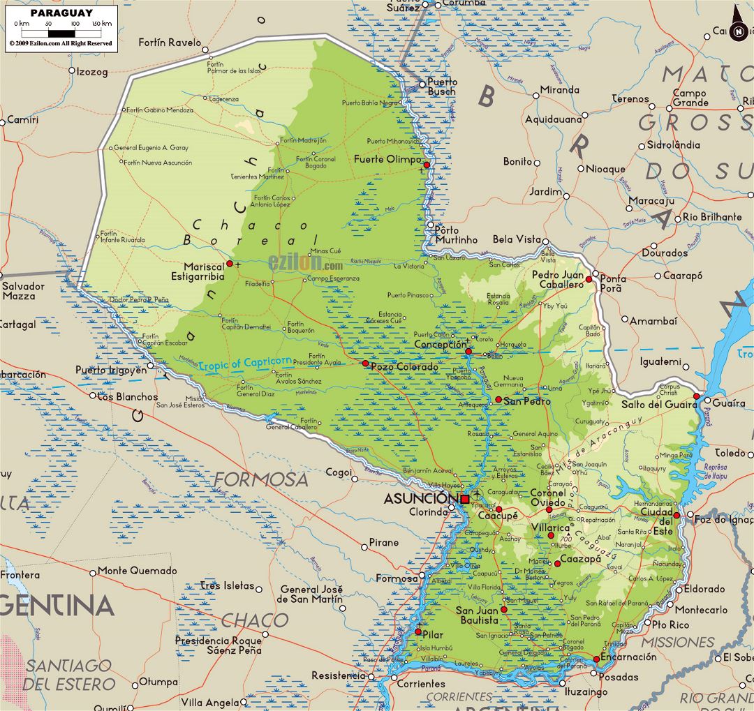 Large physical map of Paraguay with roads, cities and airports