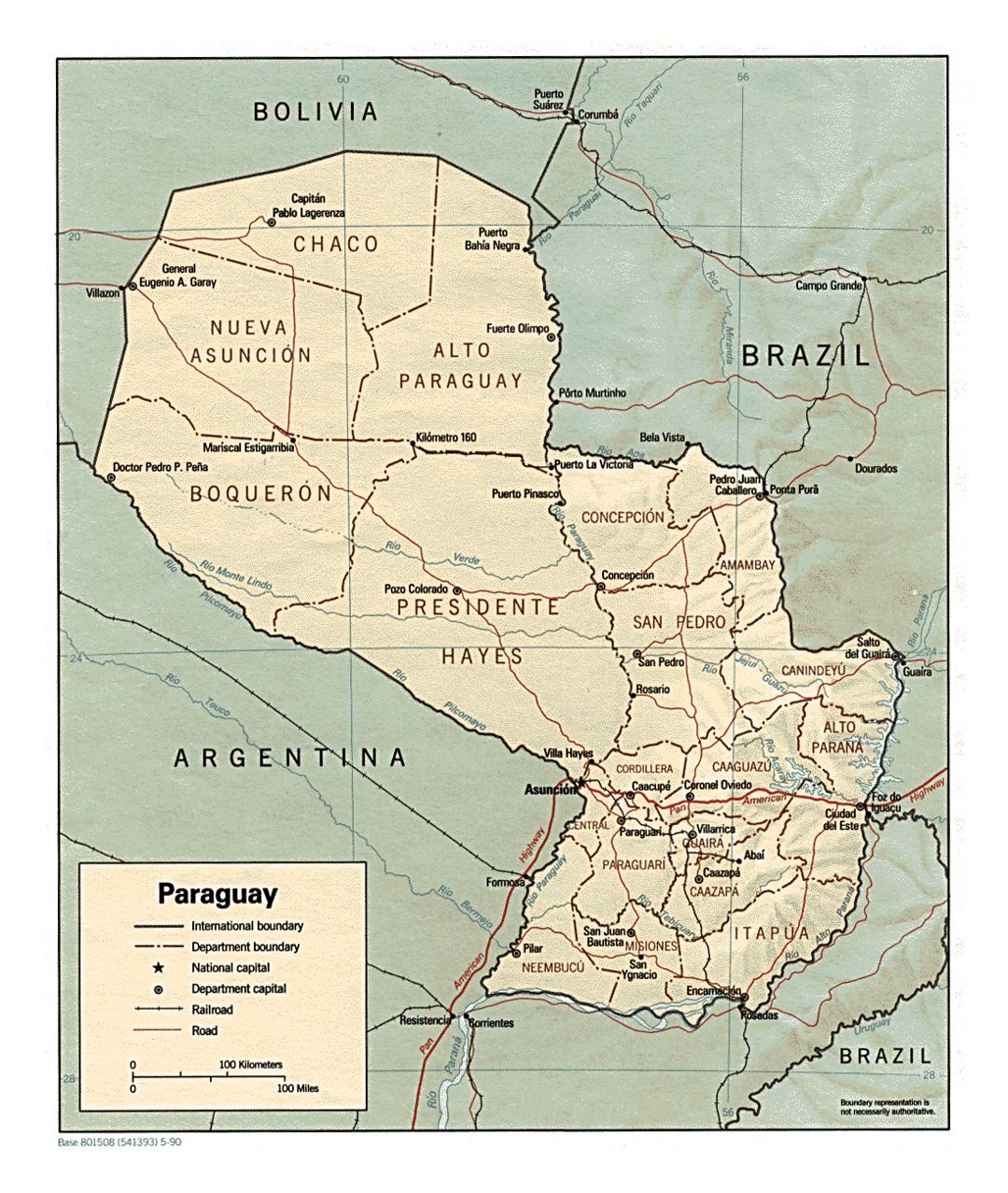 Large political and administrative map of Paraguay with relief, roads and cities - 1990