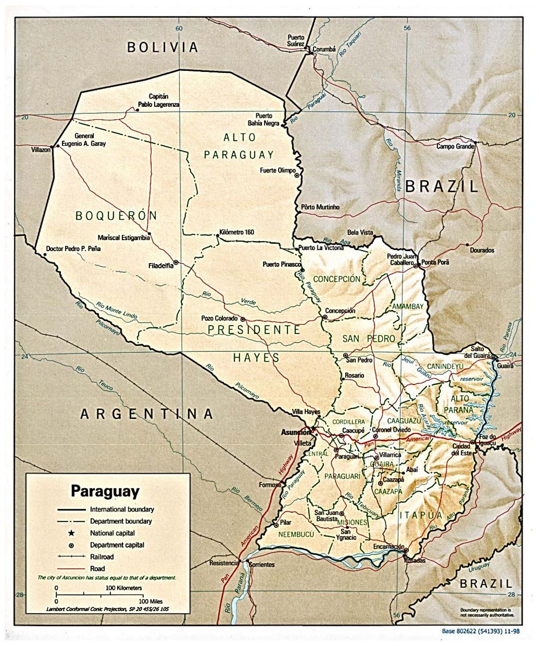 Large political and administrative map of Paraguay with relief, roads and cities - 1998