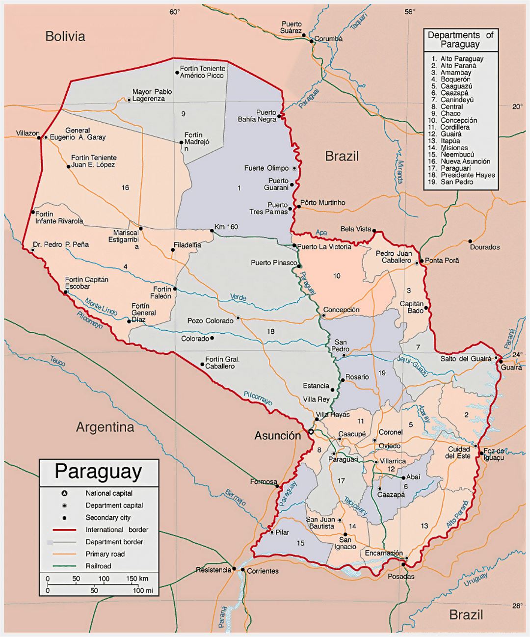 Large political and administrative map of Paraguay with roads and cities