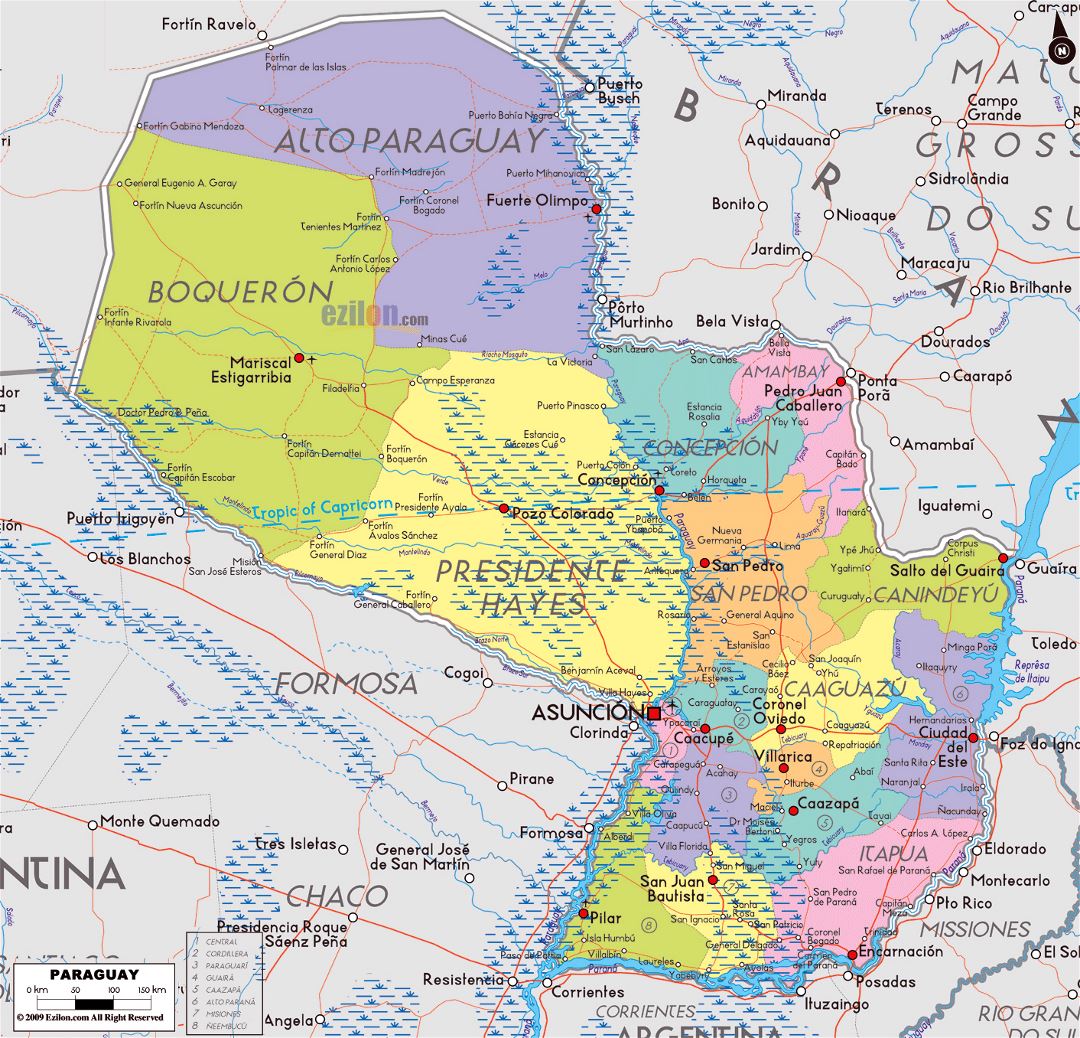 Large political and administrative map of Paraguay with roads, cities and airports