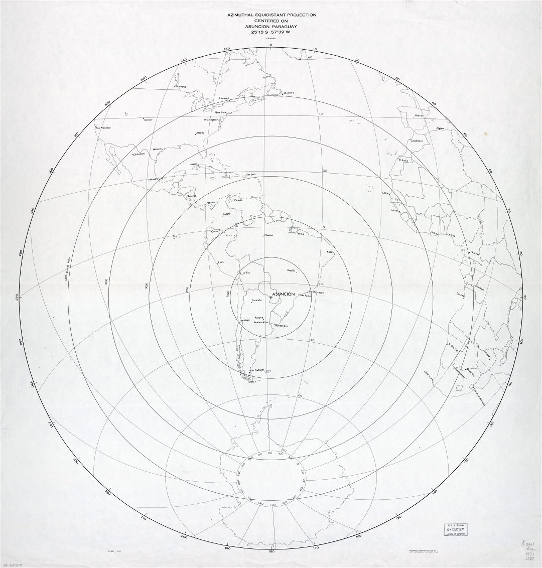 Large scale detailed azimuthal equidistant projection map - centered on Asuncion, Paraguay - 1971