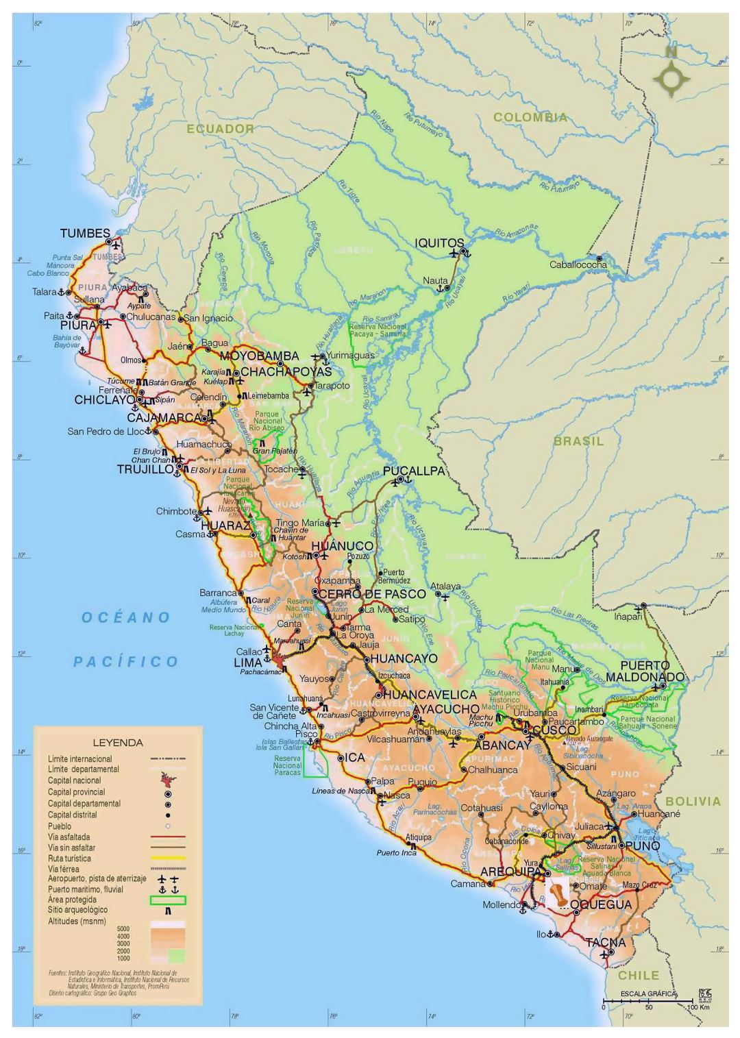 Detailed elevation map of Peru with all roads, cities and airports