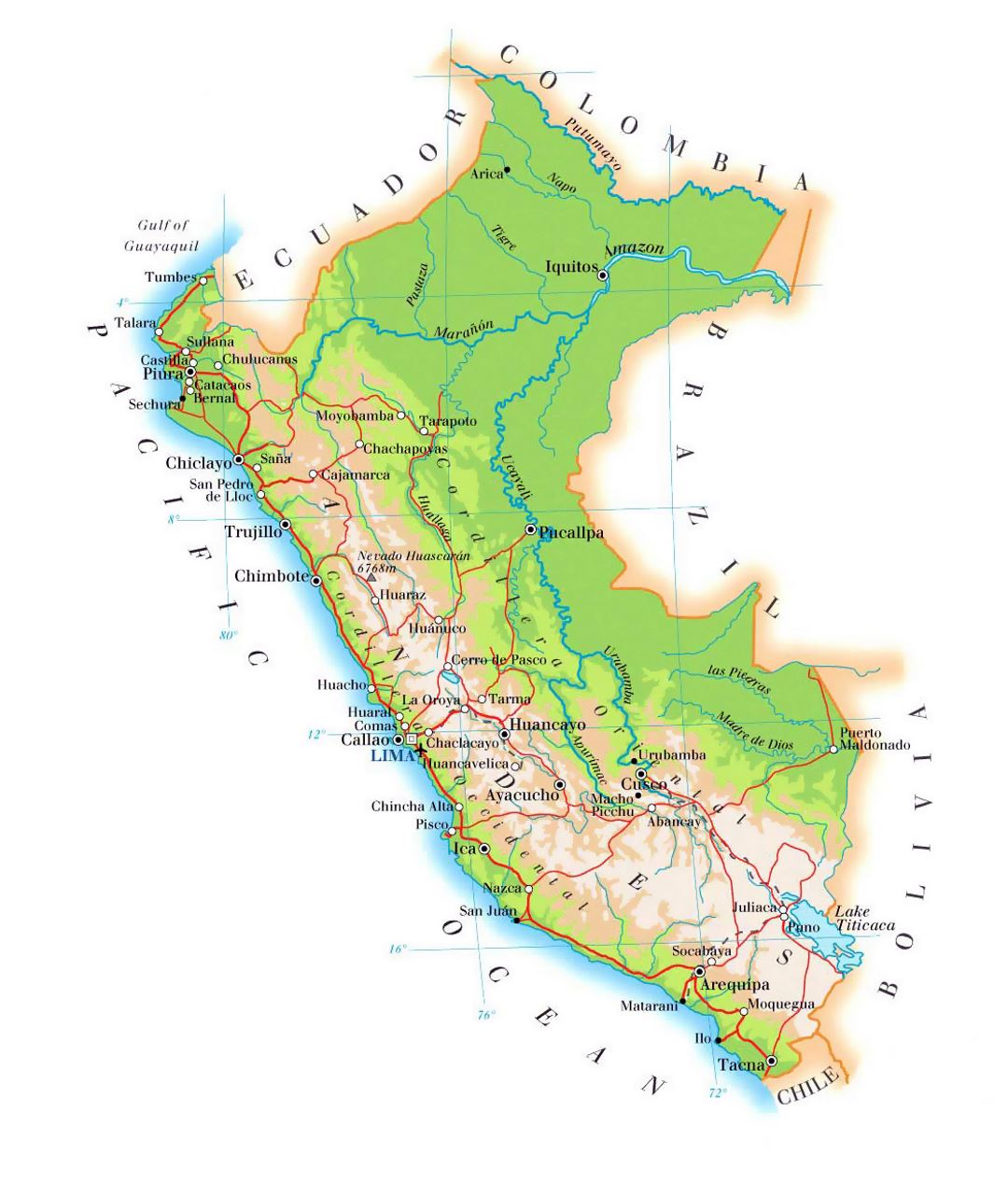 Detailed elevation map of Peru with roads, cities and airports