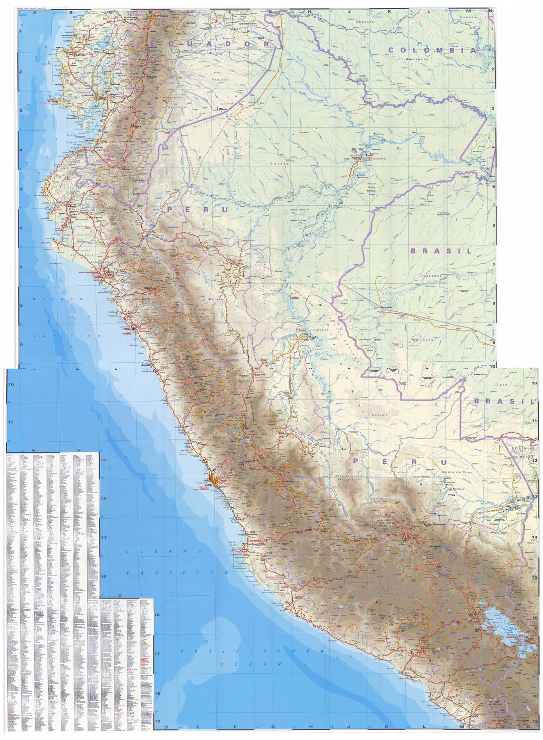 In high resolution detailed road map of Peru with all cities and other marks
