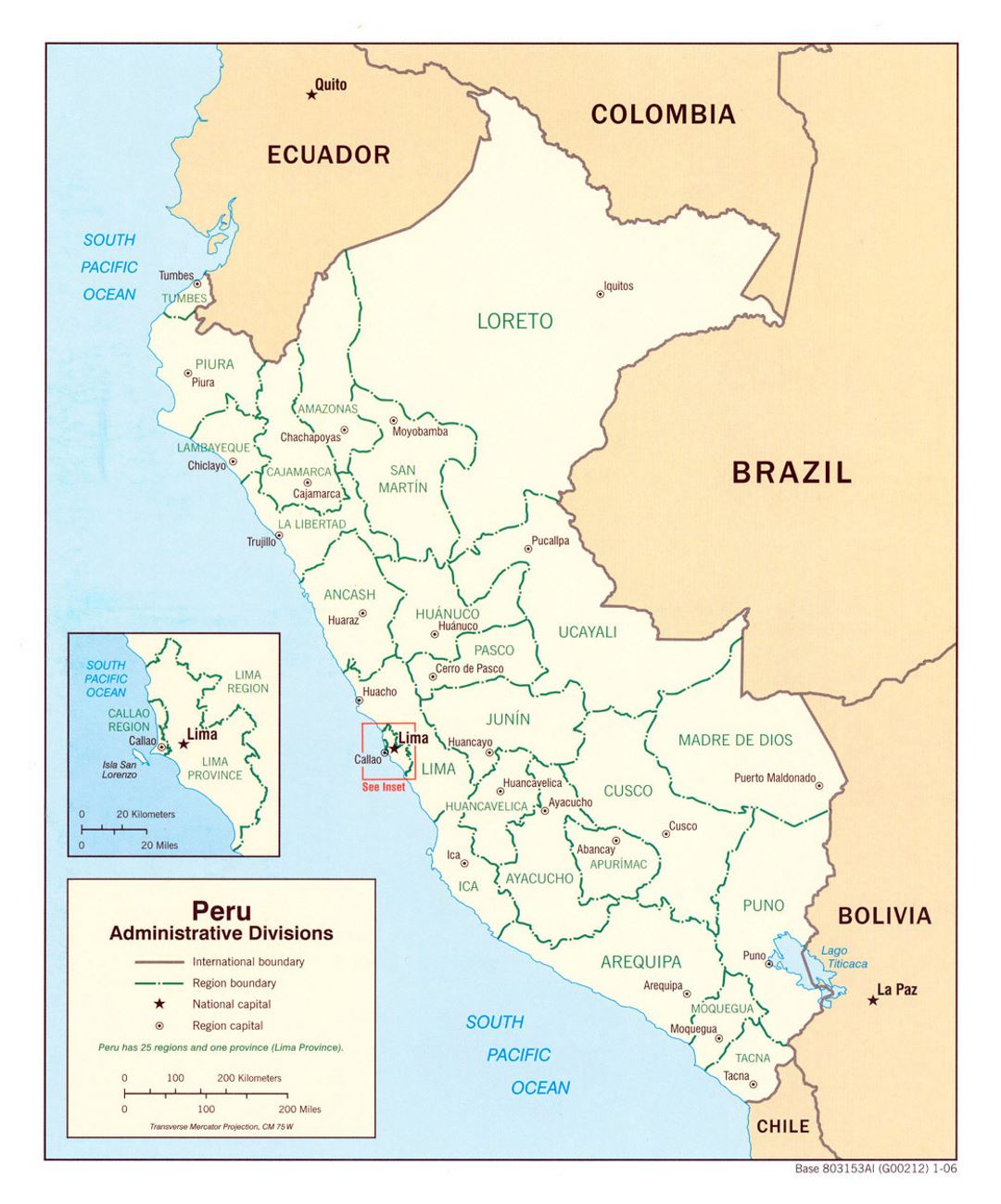 Large administrative divisions map of Peru - 2006