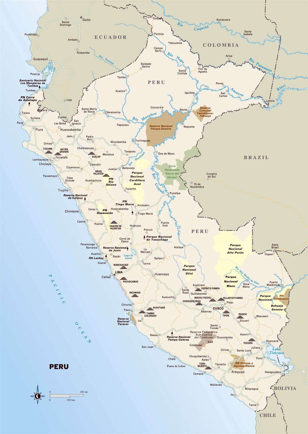 Large detailed map of Peru with national parks