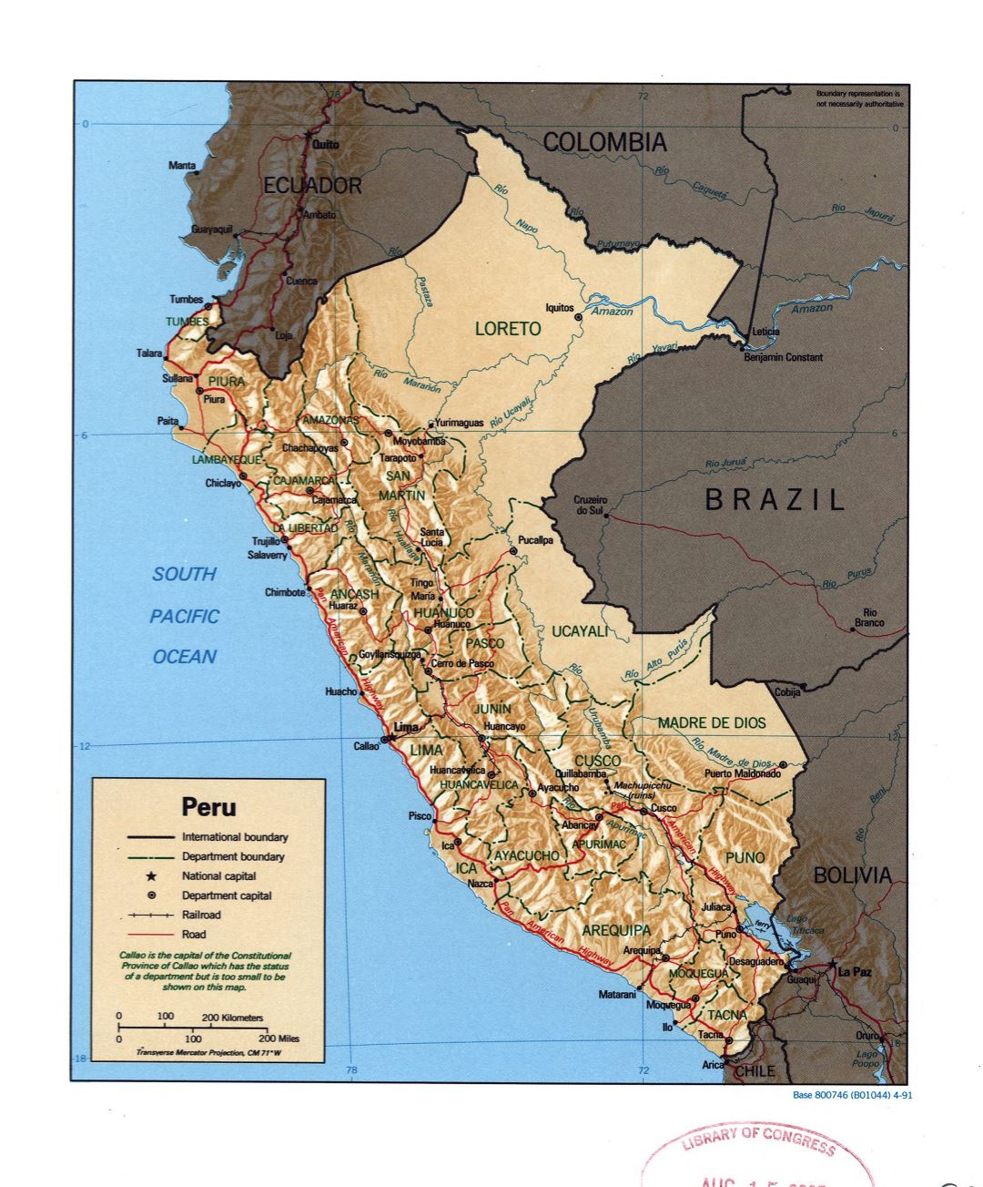 Large detailed political and administrative map of Peru with relief, marks of roads, railroads and major cities - 1991