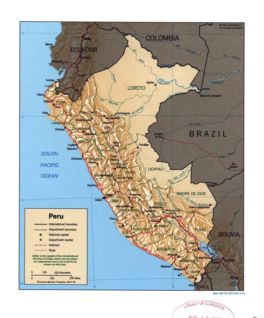 Large detailed political and administrative map of Peru with relief, marks of roads, railroads and major cities - 1991