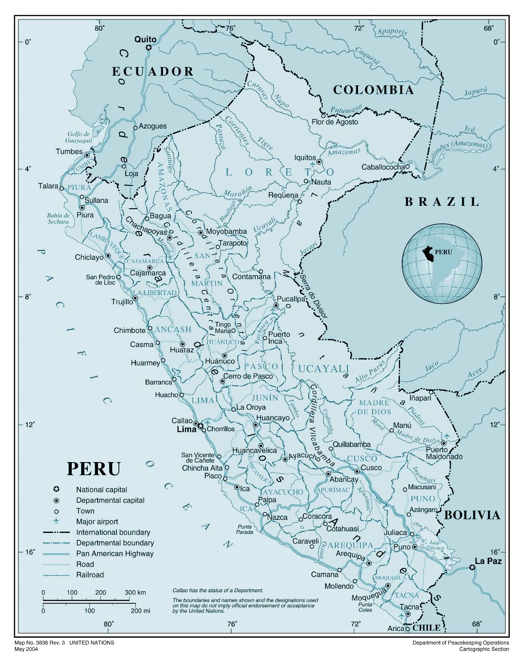 Large detailed political and administrative map of Peru with roads, cities and airports