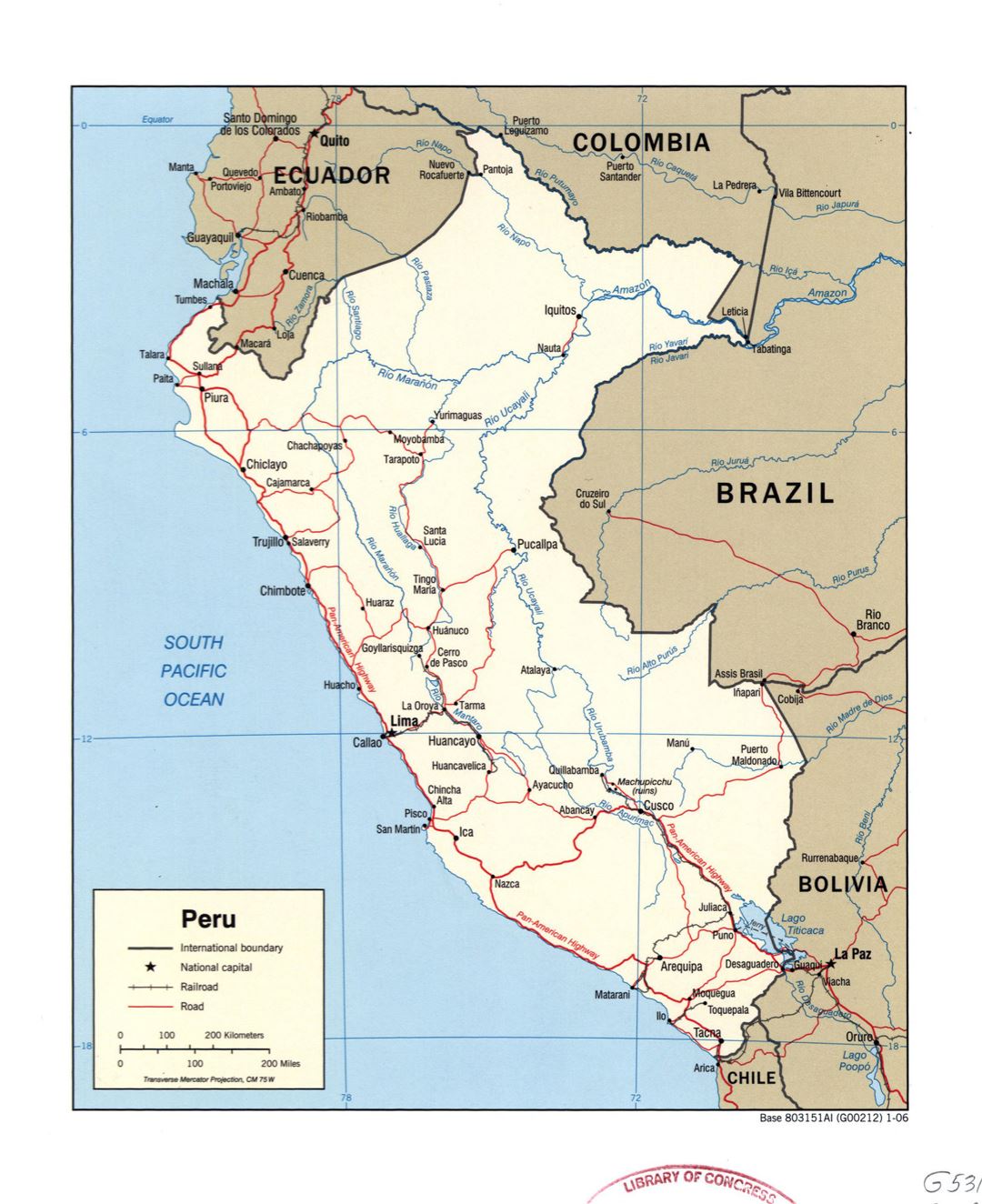 Large detailed political map of Peru with marks of roads, railroads and major cities - 2006