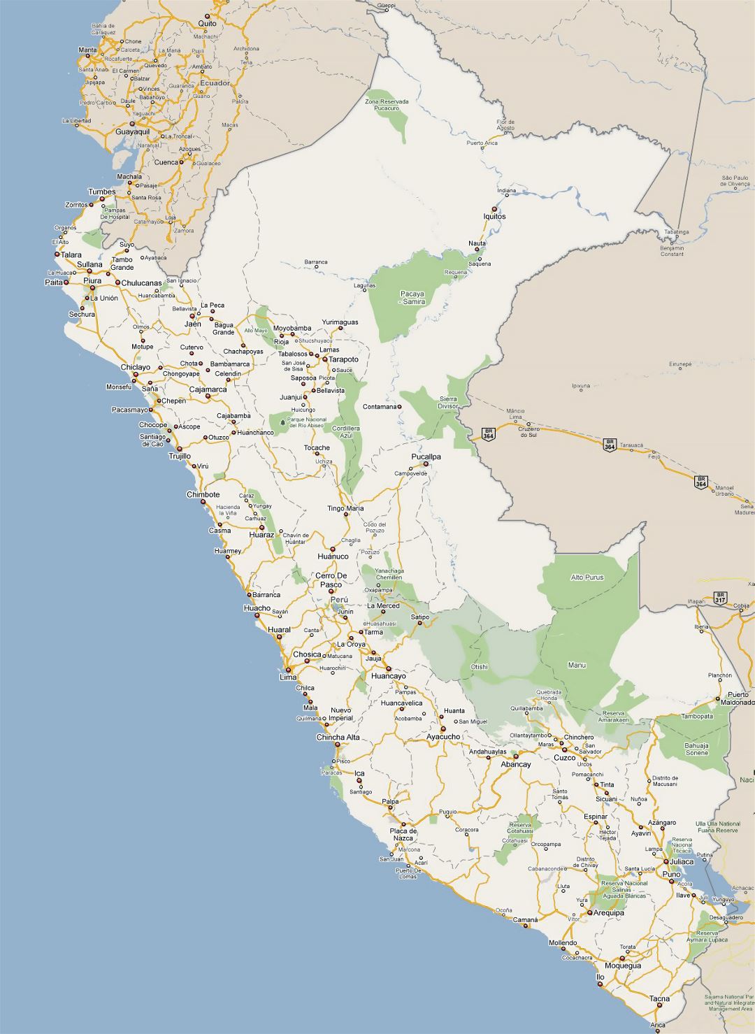 Large detailed road map of Peru with all cities