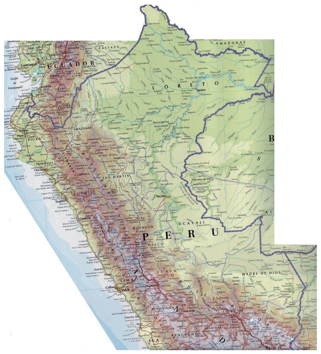 Large map of Peru with roads and cities
