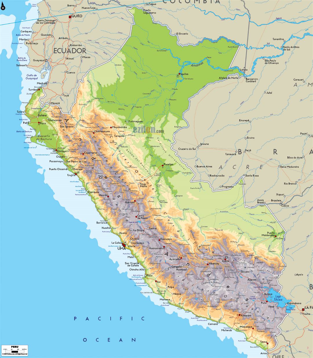 Large physical map of Peru with roads, cities and airports