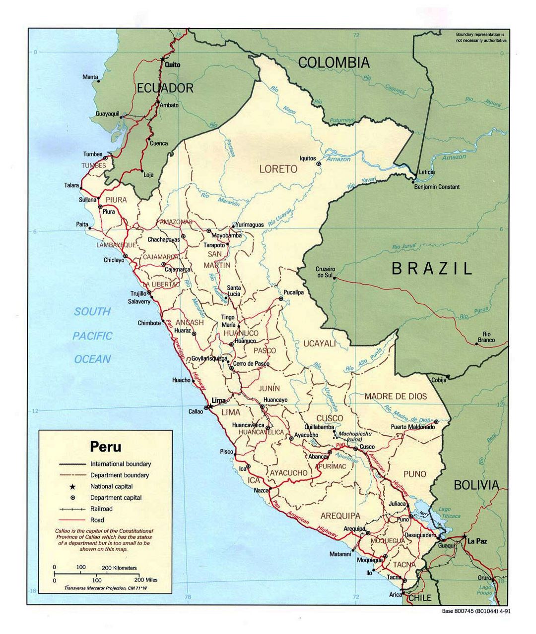 Large political and administrative map of Peru with roads and major cities - 1991