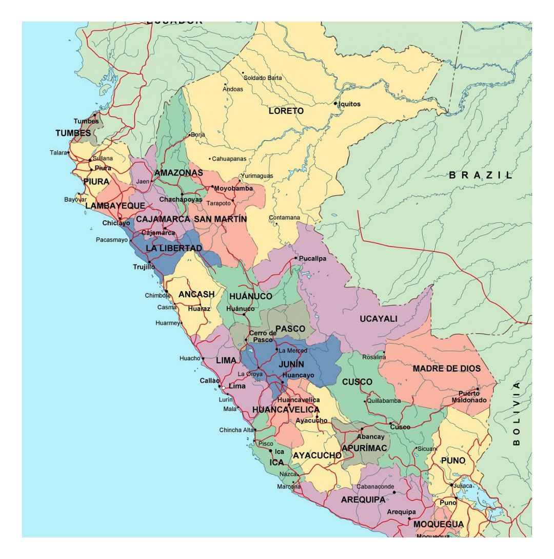 Large political and administrative map of Peru with roads and major cities