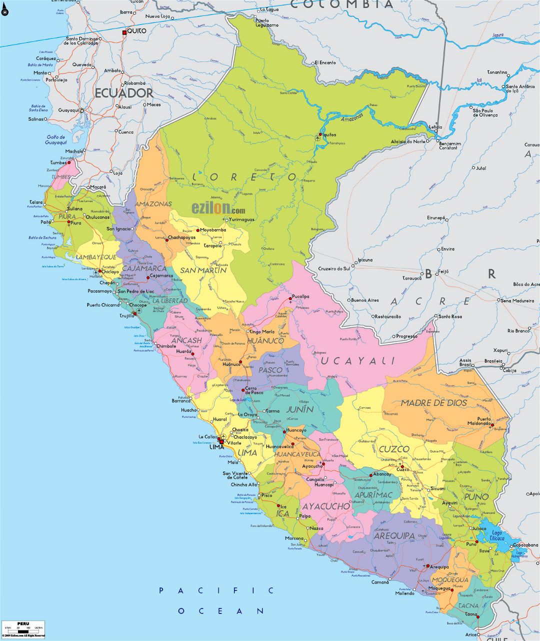 Large political and administrative map of Peru with roads, cities and airports