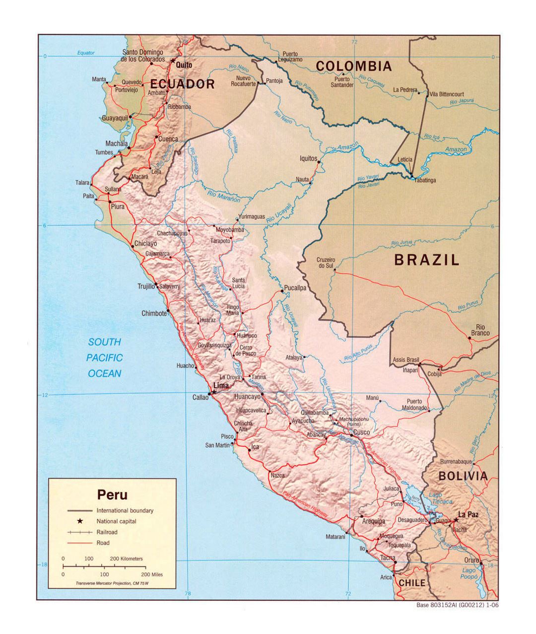 Large political map of Peru with relief, roads and major cities - 2006