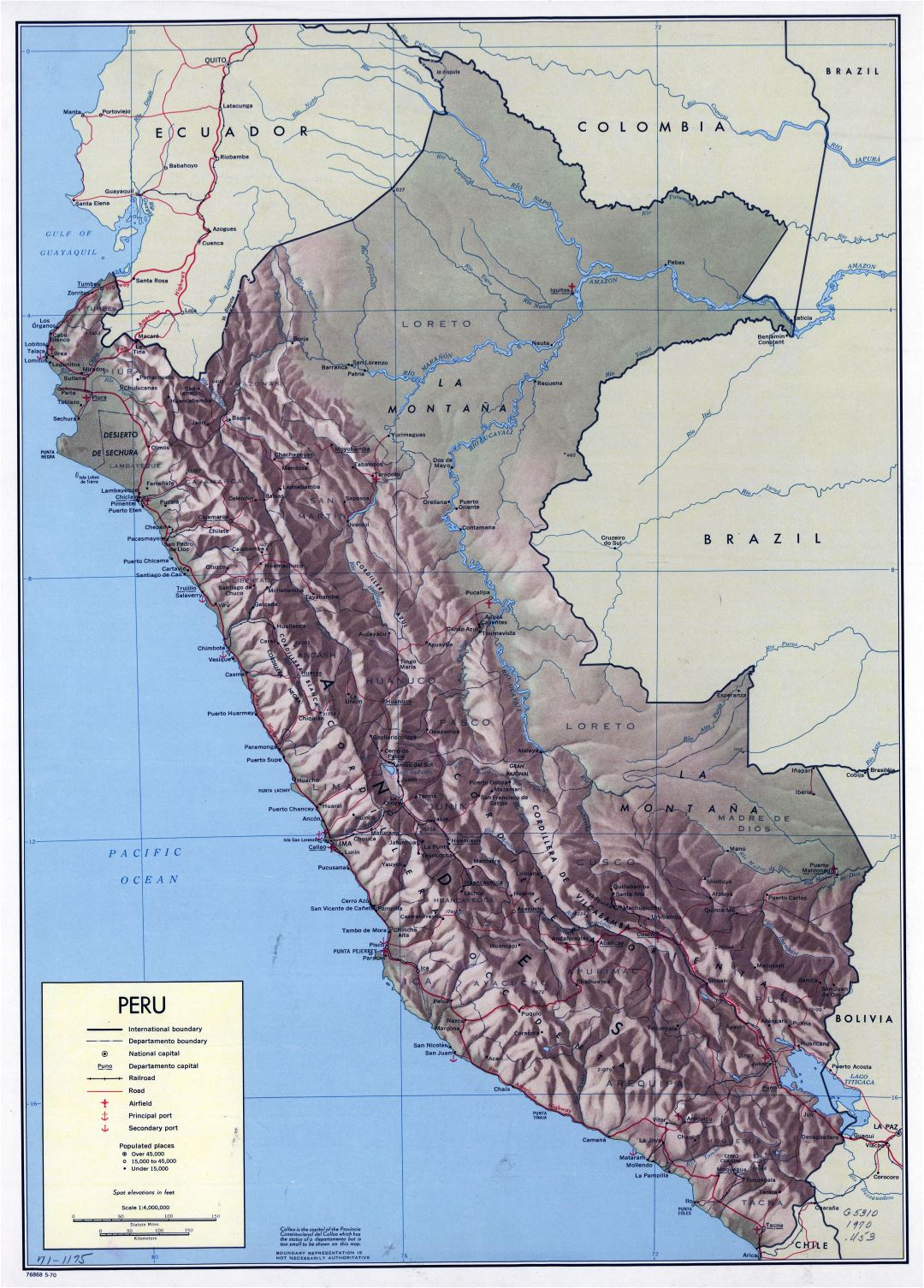 Large scale political and administrative map of Peru with relief, marks of roads, railroads, cities, airports and sea ports - 1970