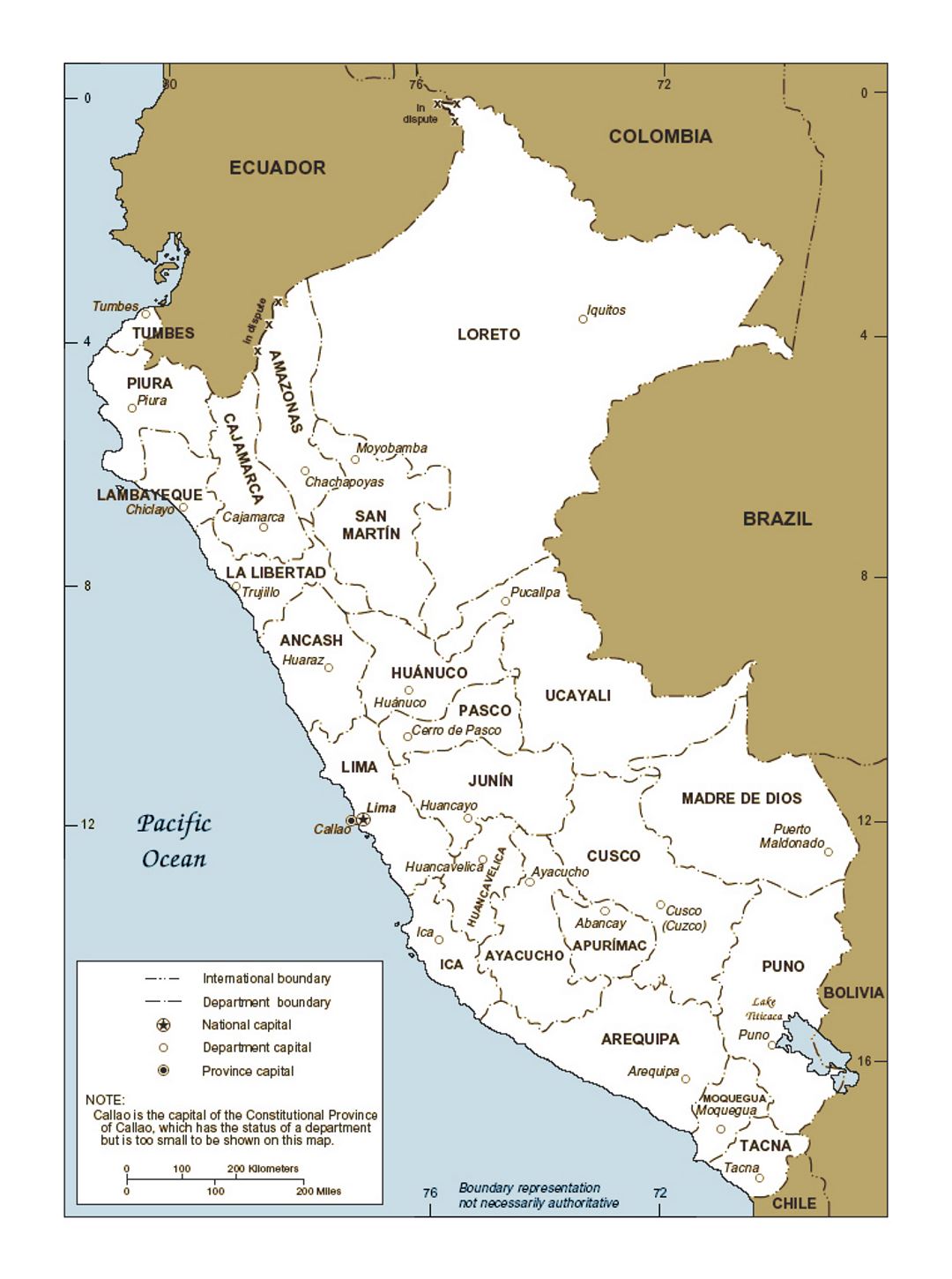 Political and administrative map of Peru with major cities