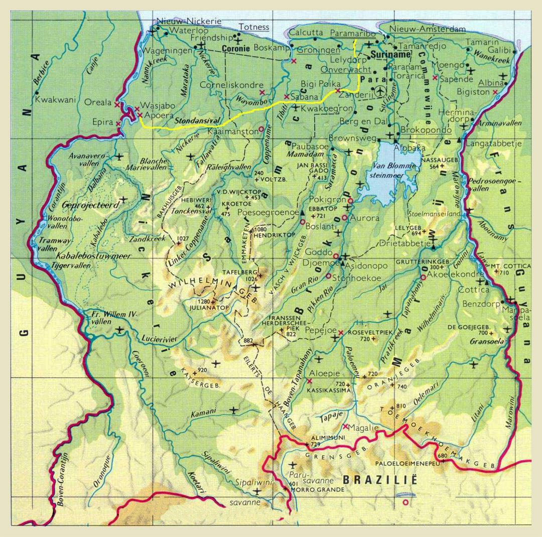 Detailed elevation map of Suriname with airports