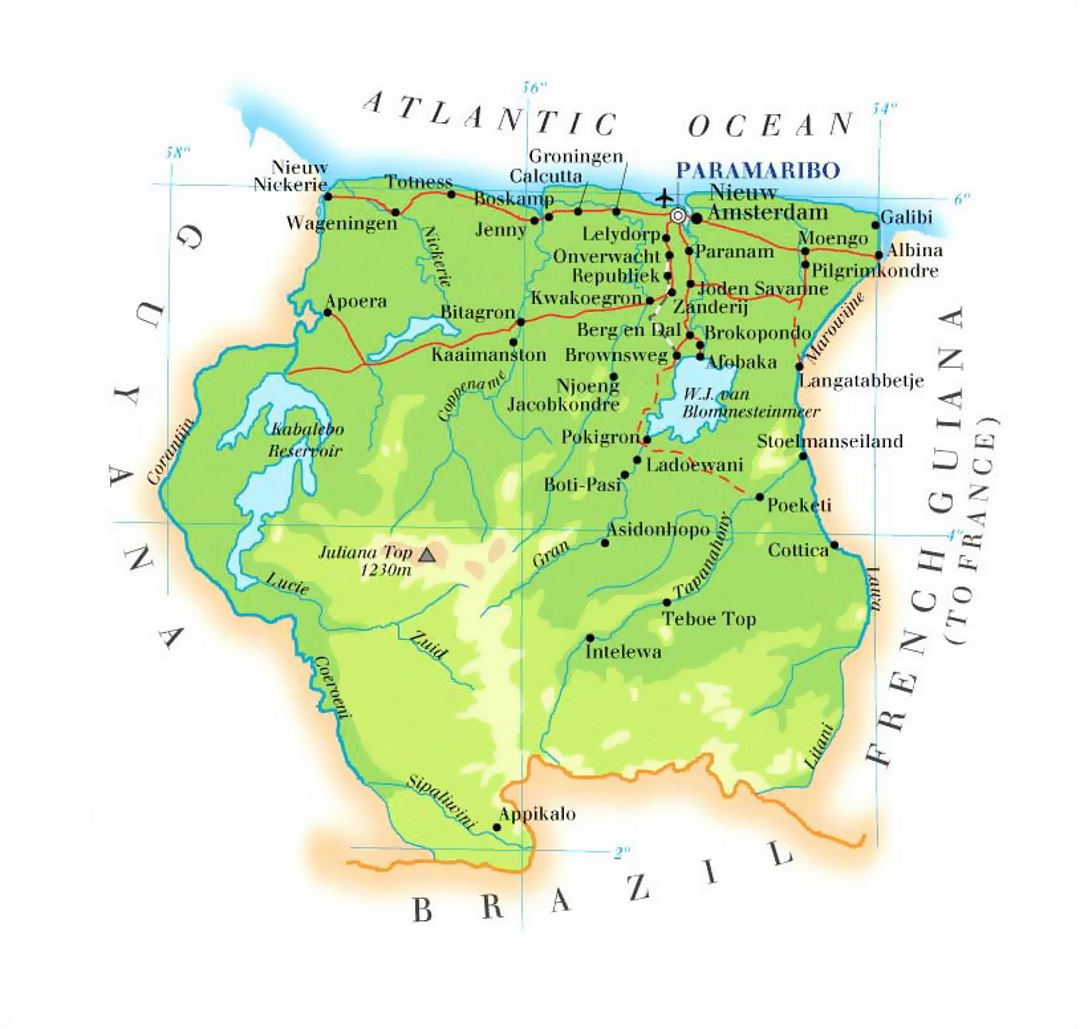 Detailed elevation map of Suriname with roads, cities and airports