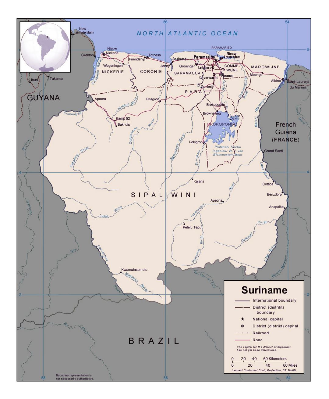 Detailed political and administrative map of Suriname with major cities