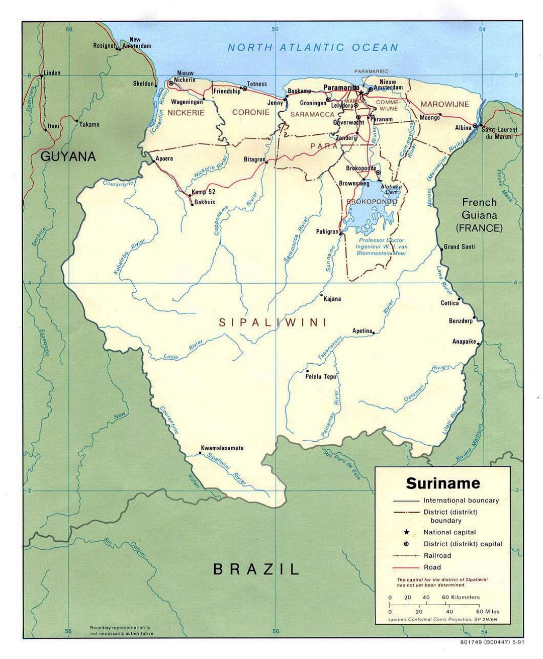 Detailed political and administrative map of Suriname with roads and major cities