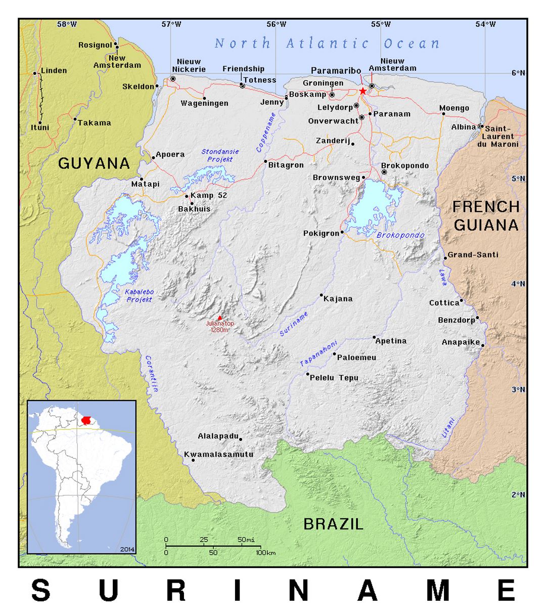 Detailed political map of Suriname with relief