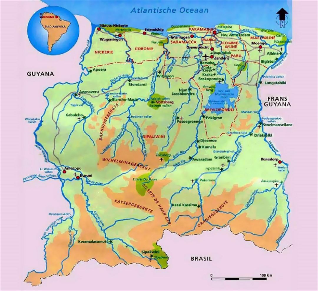 Elevation map of Suriname with cities