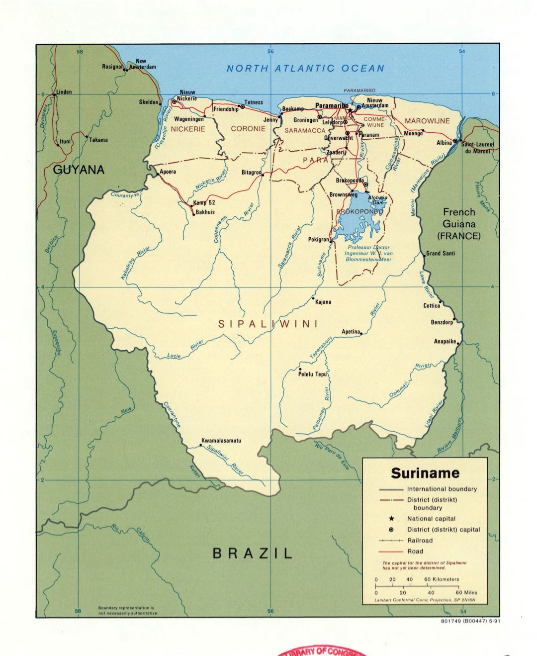 Large detailed political and administrative map of Suriname with marks of roads, railroads and major cities - 1991