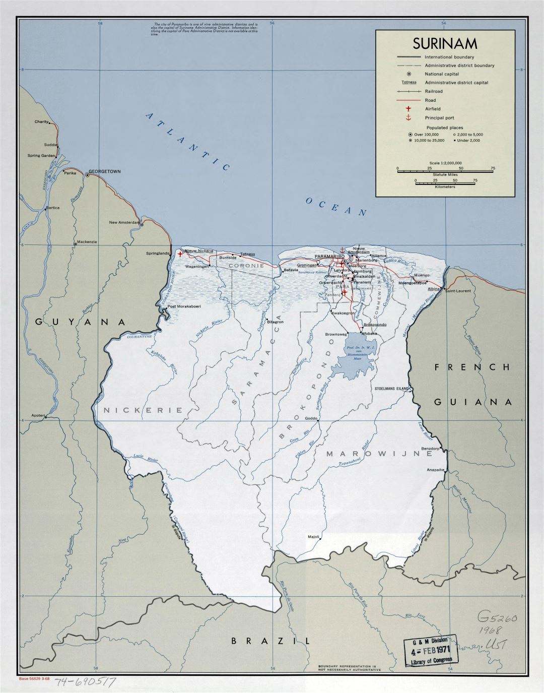 Large detailed political and administrative map of Suriname with marks of roads, railroads, cities, sea ports and airports - 1968