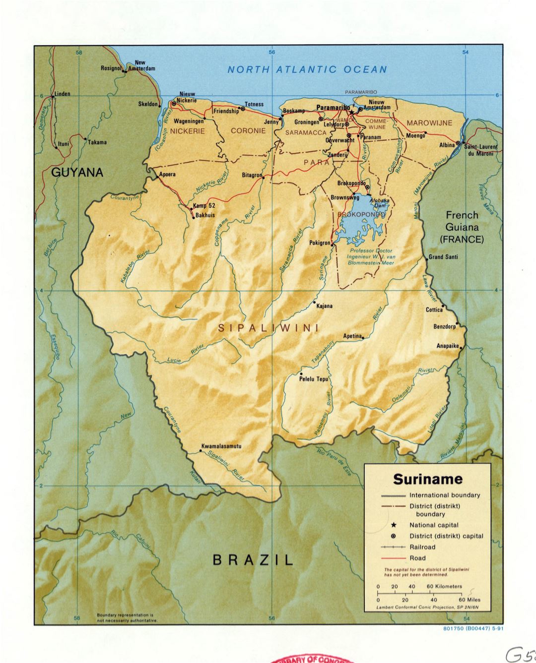 Large detailed political and administrative map of Suriname with relief, marks of roads, railroads and major cities - 1991