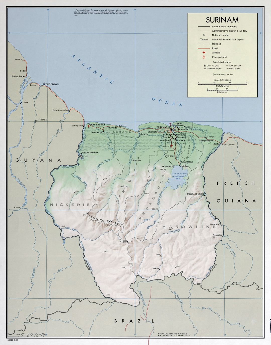 Large detailed political and administrative map of Suriname with relief, marks of roads, railroads, cities, sea ports and airports - 1968