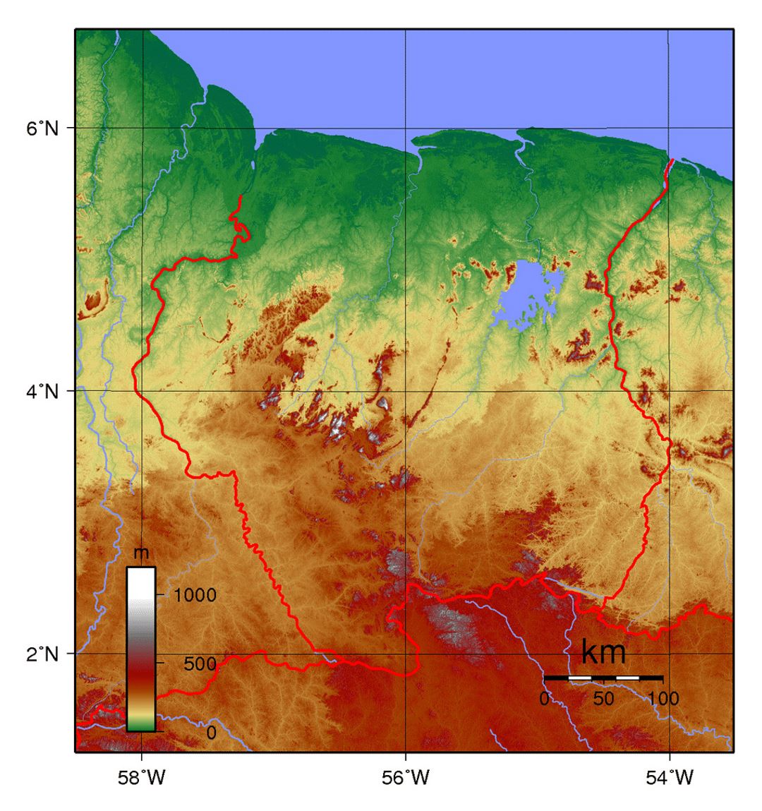 Large physical map of Suriname