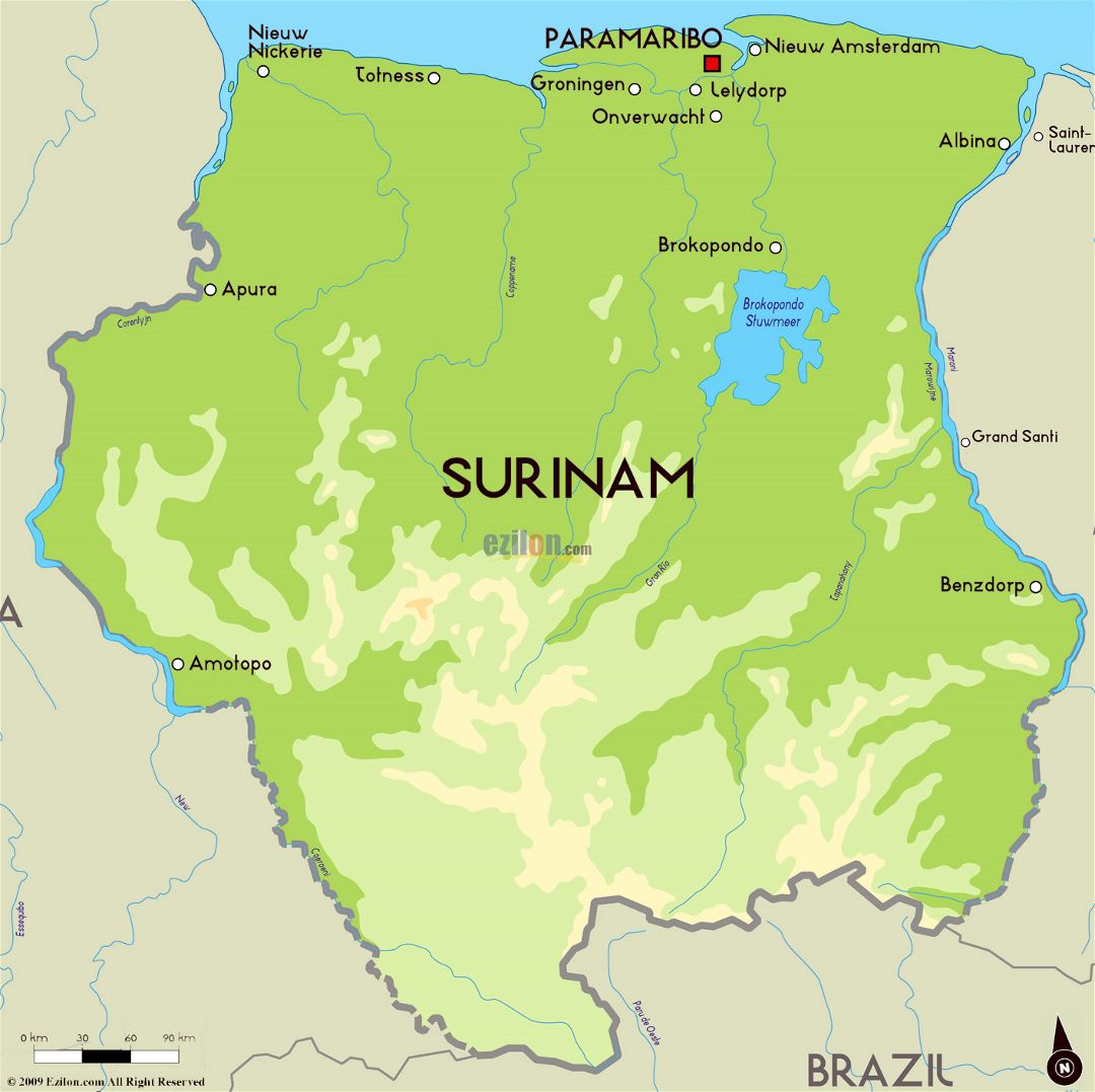 Large physical map of Suriname with major cities