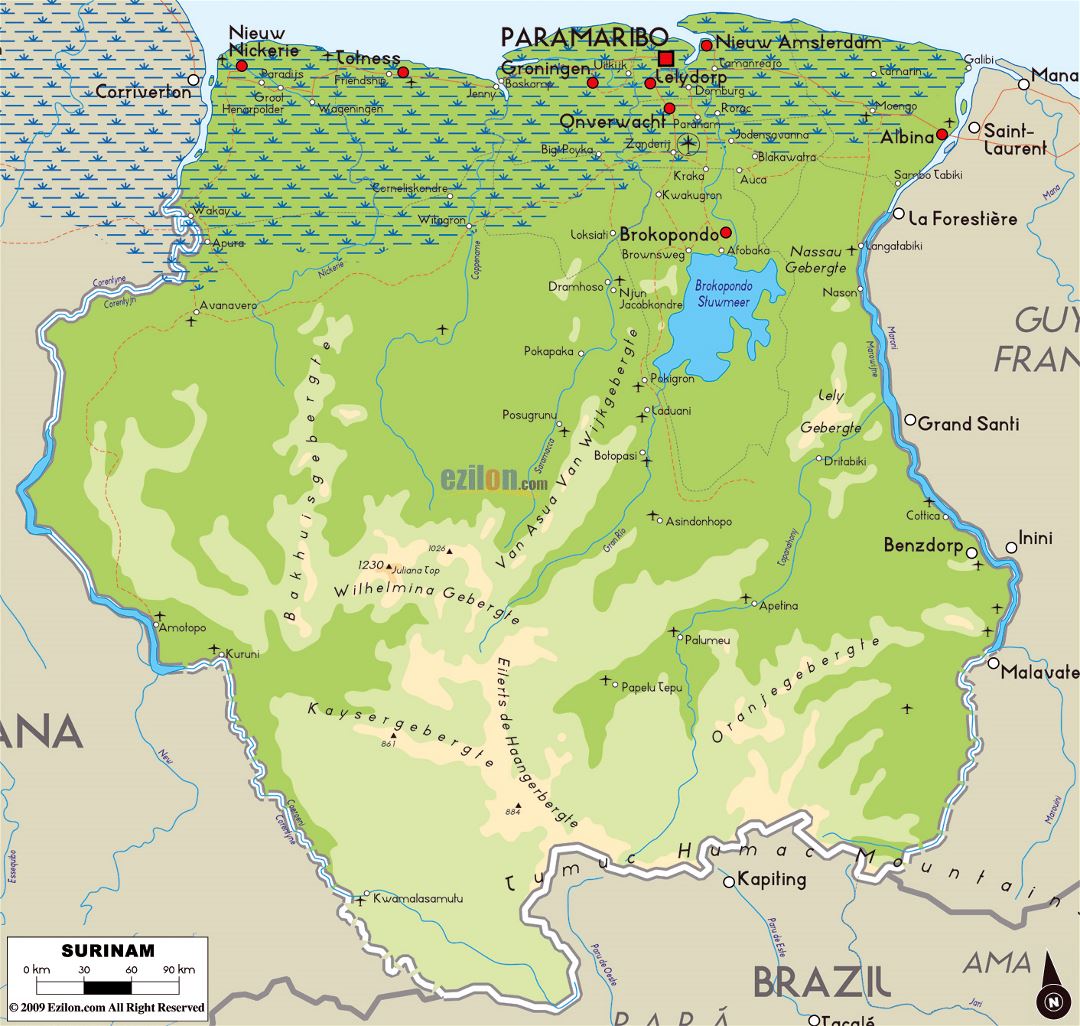 Large physical map of Suriname with roads, cities and airports