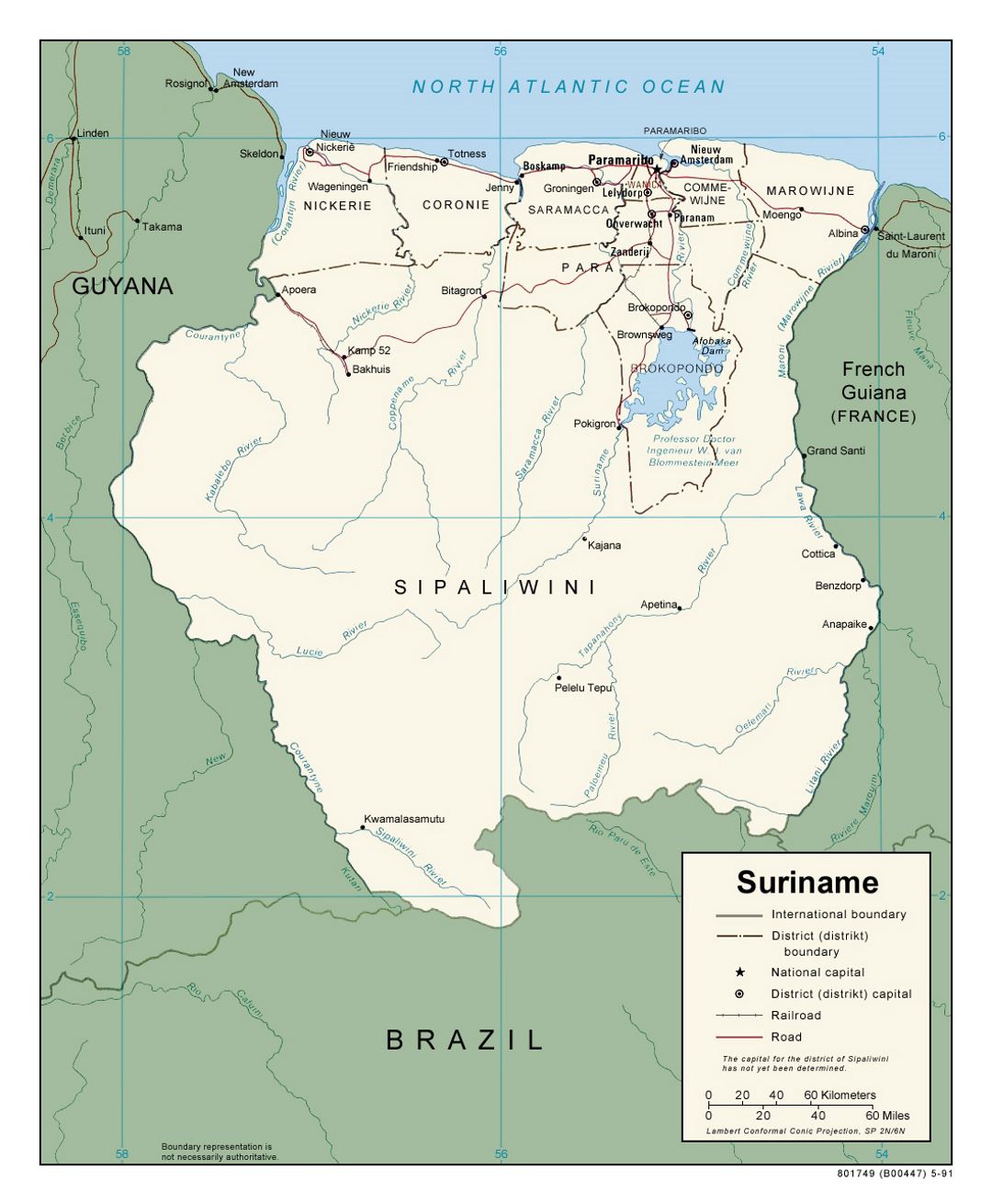 Large political and administrative map of Suriname with roads and major cities - 1991