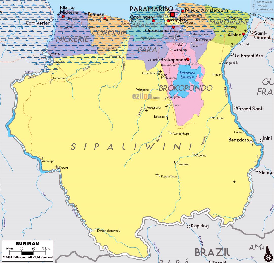 Large political and administrative map of Suriname with roads, cities and airports