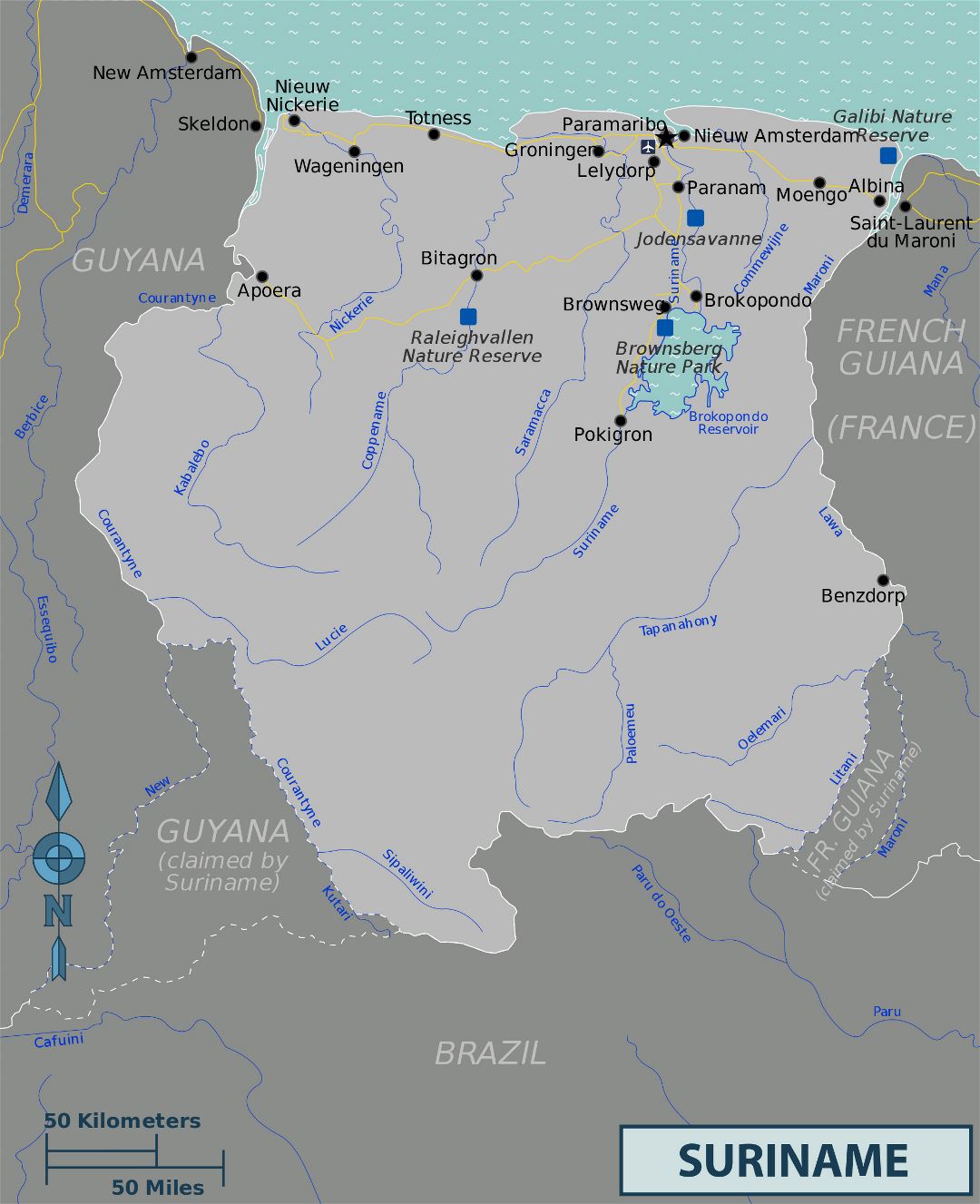 Large political map of Suriname with cities