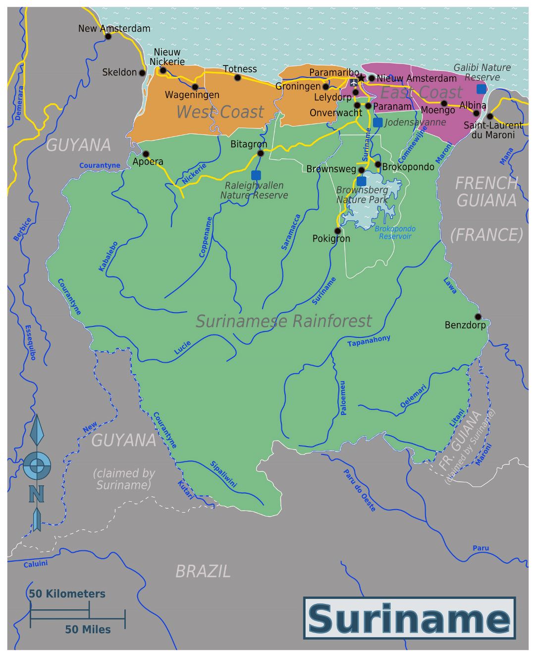 Large regions map of Suriname