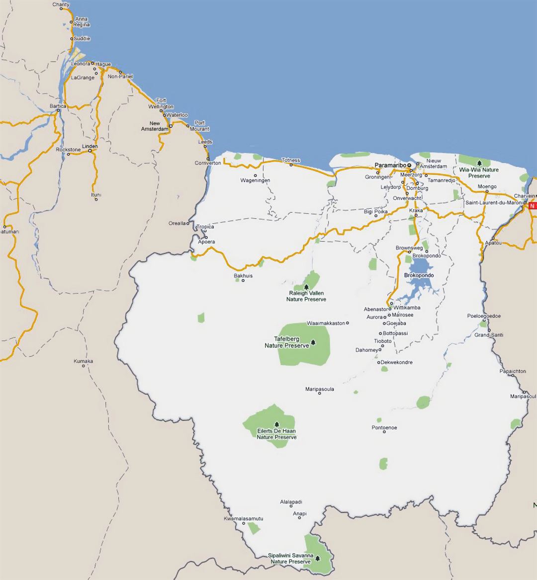 Large road map of Suriname with cities