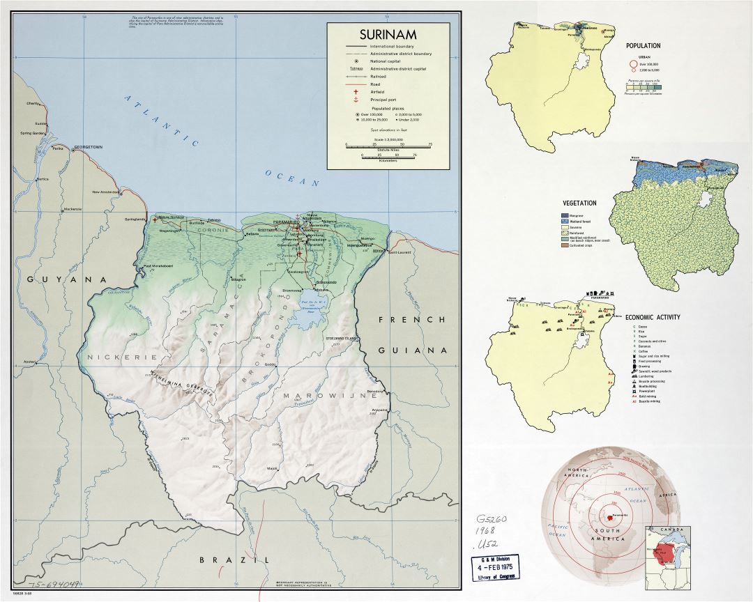 Large scale country profile map of Suriname - 1968