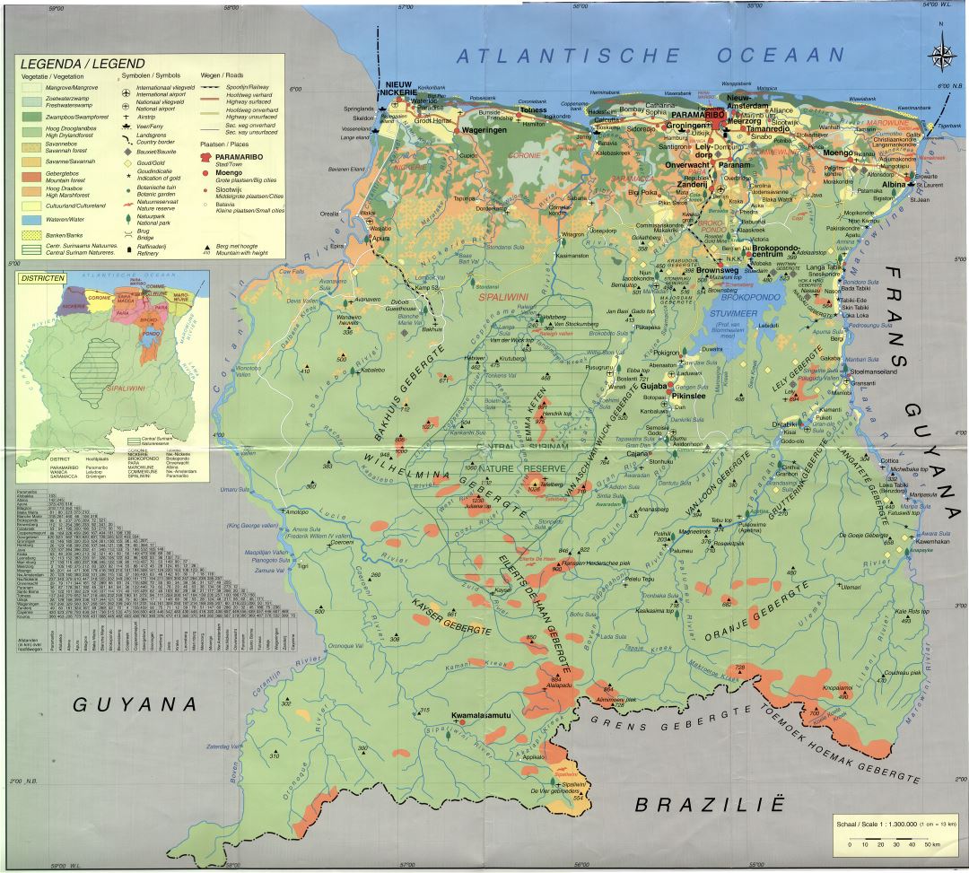 Large scale detailed map of Suriname with all roads, cities, airports and other marks