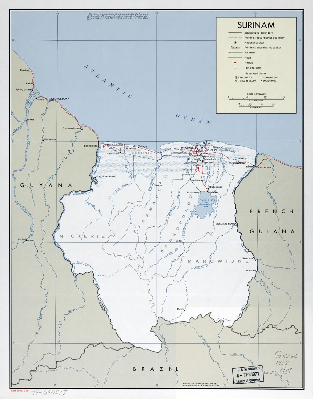 Large scale political and administrative map of Suriname with marks of roads, railroads, cities, sea ports and airports - 1968