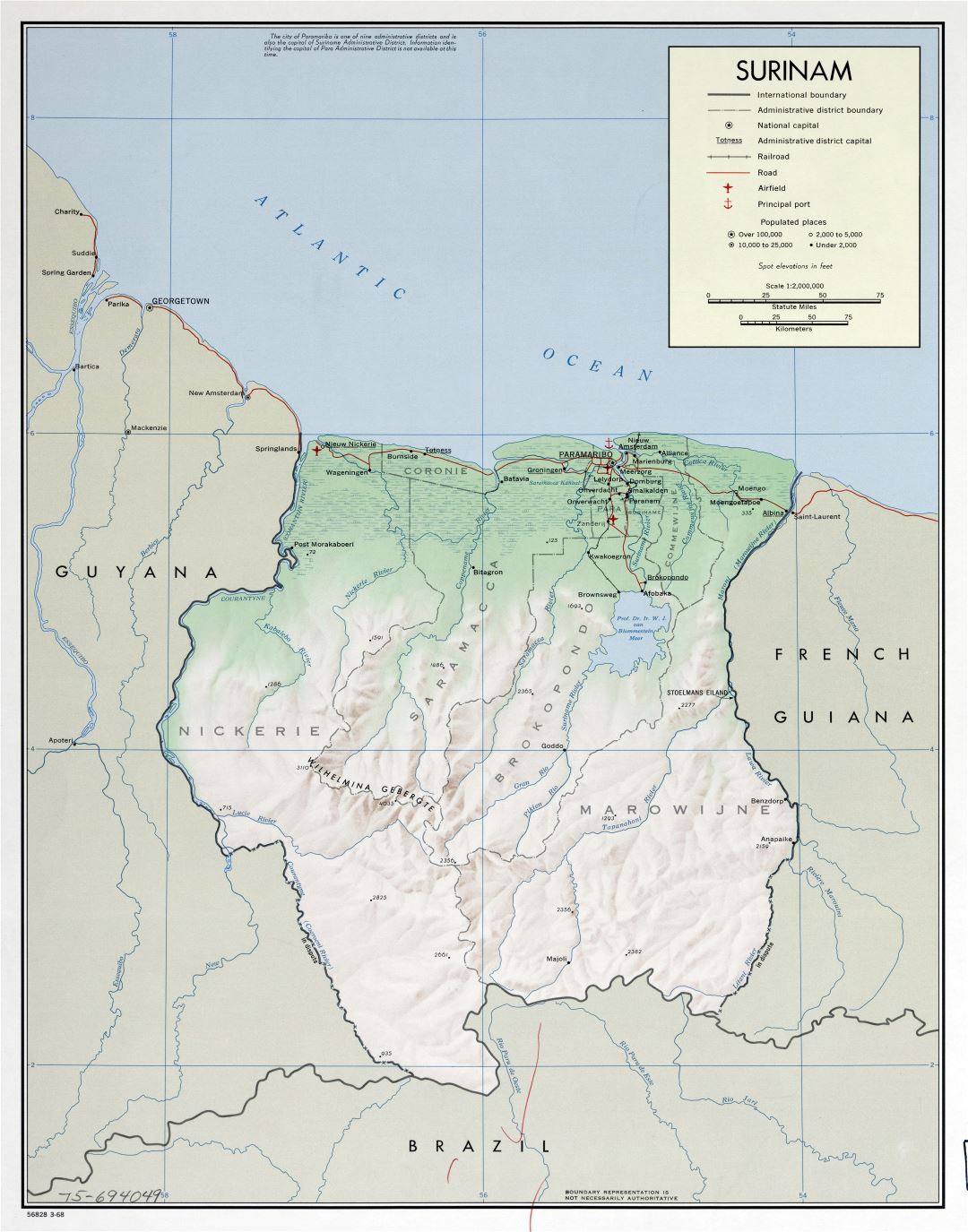 Large scale political and administrative map of Suriname with relief, marks of roads, railroads, cities, sea ports and airports - 1968