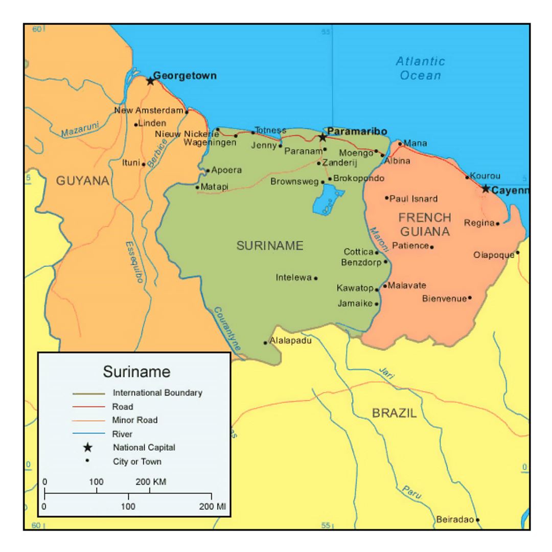 Political Map Of Suriname With Cities And Roads Suriname South Political Map Of Suriname With Cities And Roads Suriname South