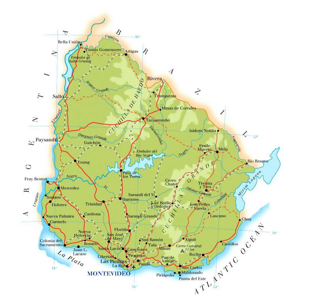 Detailed elevation map of Uruguay with roads, cities and airports