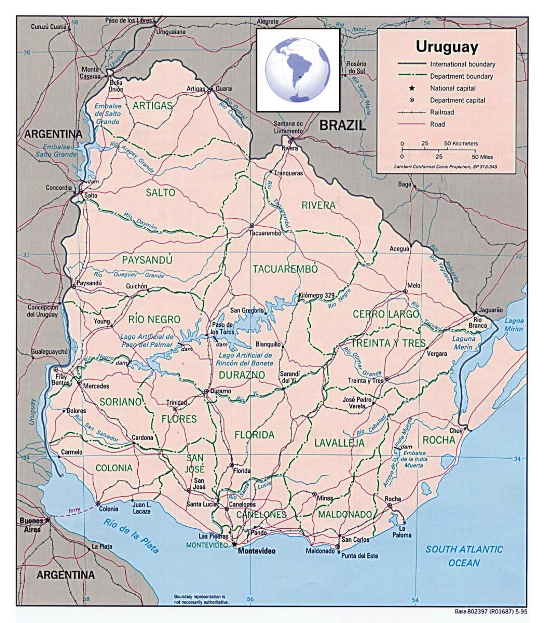 Detailed political and administrative map of Uruguay
